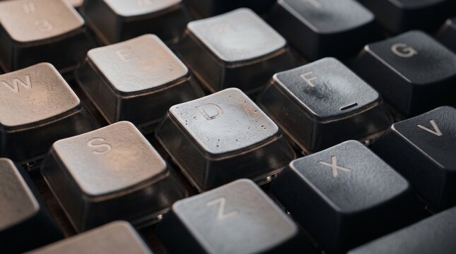 Heavily worn computer keyboard with faded and blank keycaps in extreme macro view, showing polished plastic, gradual lettering loss and years of everyday typing