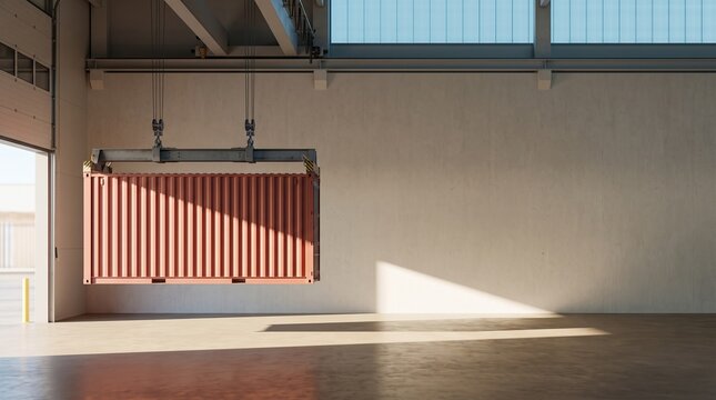 Overhead crane transporting terracotta shipping container through a modern industrial loading hall, minimalist logistics scene with hard sunlight, geometric shadow and copy space