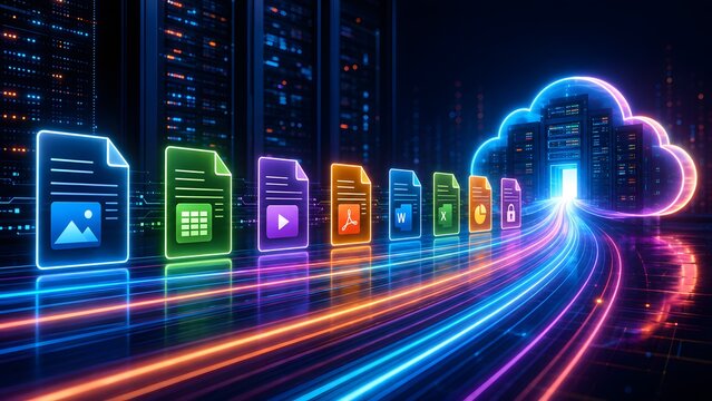 Glowing digital file icons moving along light trails toward a cloud server. Concept of high speed data transfer and secure storage.