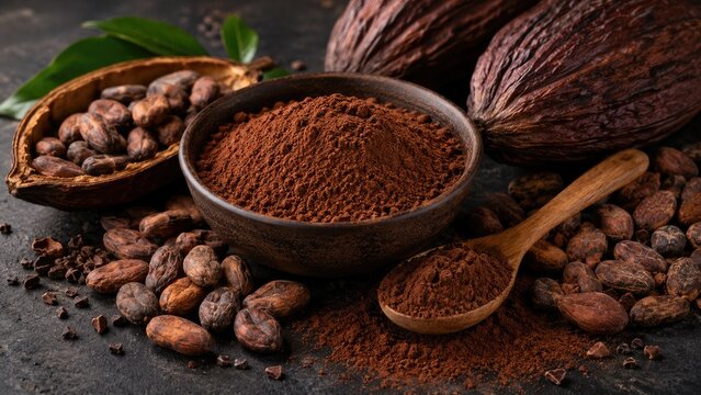 Bowl of rich cocoa powder surrounded by cocoa beans and cacao pods with a wooden spoon on a dark rustic surface
