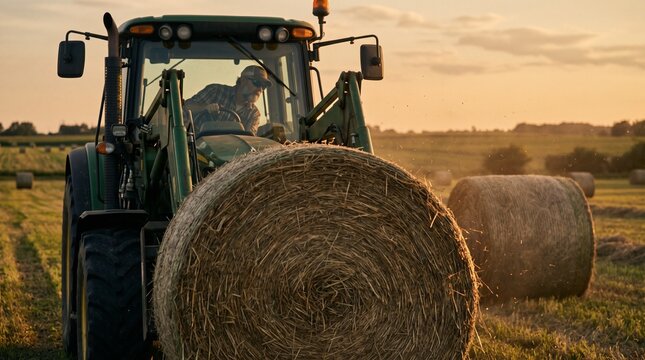 Tractor lifting a large round hay bale in a field at golden hour, cinematic farm harvest scene with glowing dust and detailed straw texture