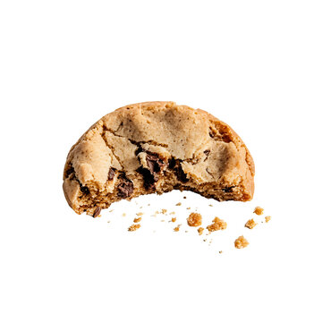 Chocolate chip cookie with bite taken, broken sweet biscuit with crumbs, golden brown baked snack on white background