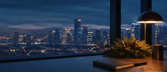 Fototapeta premium Cozy workspace with holiday decor and city view at dusk perfect for finance and business inspiration
