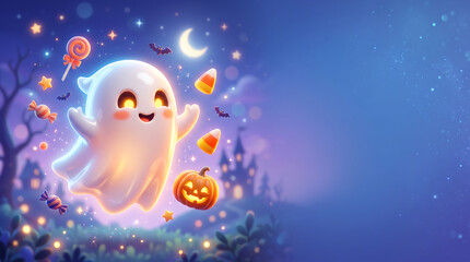 Naklejka premium Cute cartoon ghosting halloween spirit floating with pumpkin and candy corn under the moonlight in a spooky night scene
