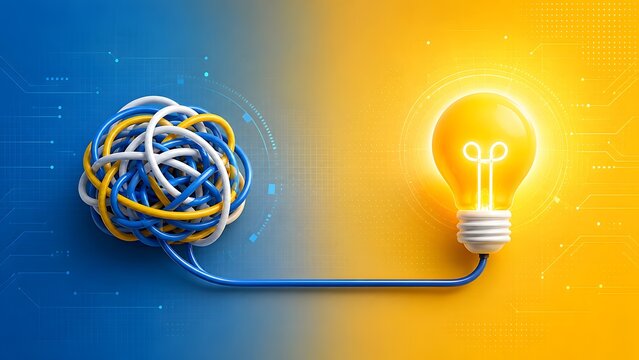 Tangled colored wires connected to a glowing lightbulb. Concept of problem solving and creative innovation.
