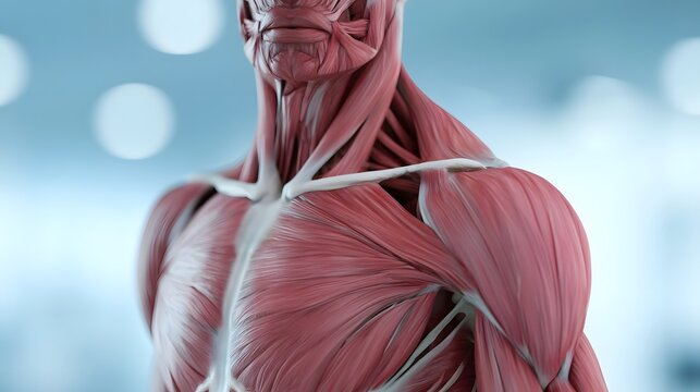 Close up of human muscular anatomy showing detailed muscle fibers and connective tissue in the neck and shoulder region