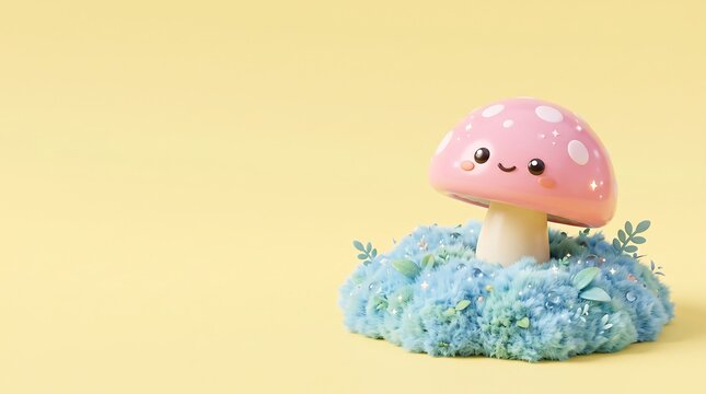 nature background featuring a cute smiling pink mushroom with a large pastel yellow copy space.