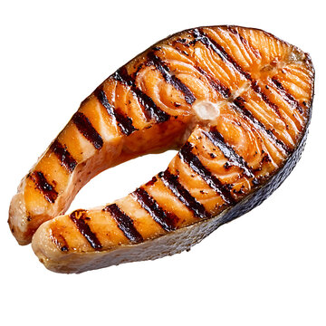 Grilled salmon steak with char marks, BBQ barbecue fish fillet, cooked seafood dinner, appetizing meat texture isolated on white background for food menu or recipe