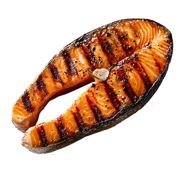 Grilled salmon steak, barbecued fish fillet, smoked flesh with black charcoal grill marks, seasoned garlic herb crust, high protein food
