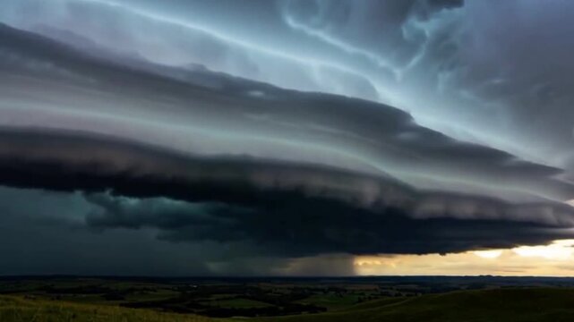 dramatic storm clouds over open twilight landscape, intense contrast lighting and undulating sky layers