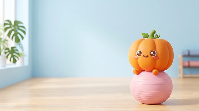 fitness background featuring a cute pumpkin sitting on a pastel yoga ball with ample blue copy space.