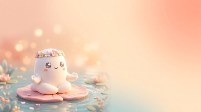 calming background featuring a cute ghost meditating in a lotus pose with a large peach copy space.