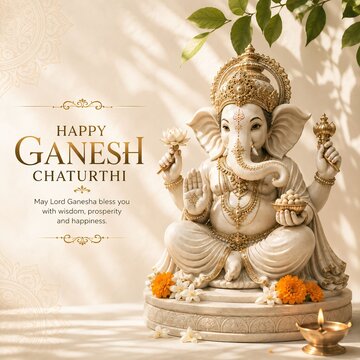 Happy ganesh chaturthi greeting with lord ganesha statue and oil lamp on neutral background