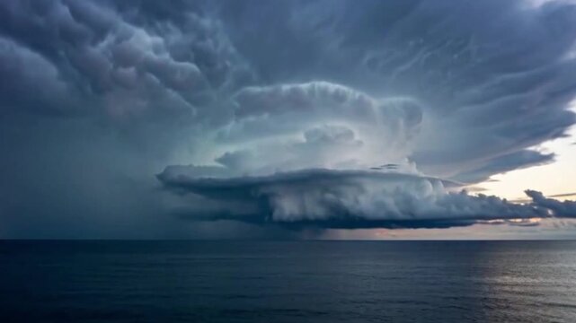 dramatic storm cloud formation over calm ocean horizon, dark blue sky with billowing edges and subtle pinkish-orange glow