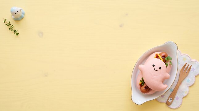 food background featuring a cute mini hot dog in a kawaii ghost bun with large pastel yellow copy space.