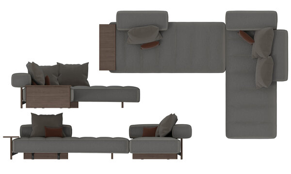 Sofa 2d for floor plan and cross-section view, Orthogonal, top, front and side view furniture transparent background render