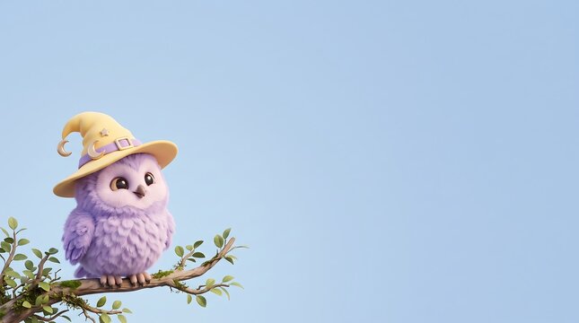 animal background featuring a cute fluffy baby owl wearing a witch hat with large pastel blue copy space.
