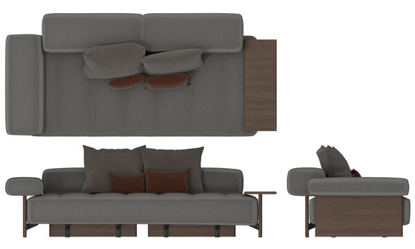 Sofa 2d for floor plan and cross-section view, Orthogonal, top, front and side view furniture transparent background render