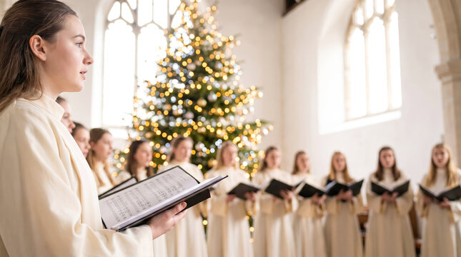 A group of singers dressed in choir robes performs near a decorated Christmas tree inside a church. The event takes place during the holiday season, filling the space with music