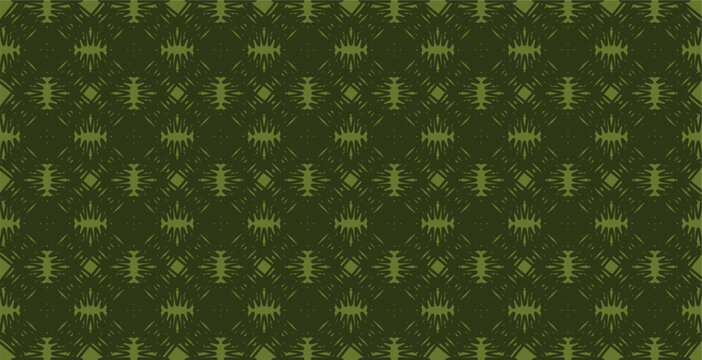 An earthy olive green seamless vector pattern adorned with intricate tribal and ethnic motifs. The textured dark background and weathered look provide an authentic craft feel perfect for packaging sus