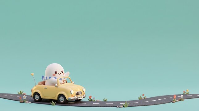 transport background featuring a cute ghost driving a pastel retro toy car with large teal copy space.