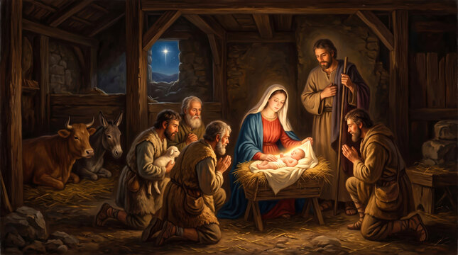 Mary and Joseph watch over baby Jesus as shepherds kneel in front of the manger in a stable. Cows and other animals are present, adding to the scene