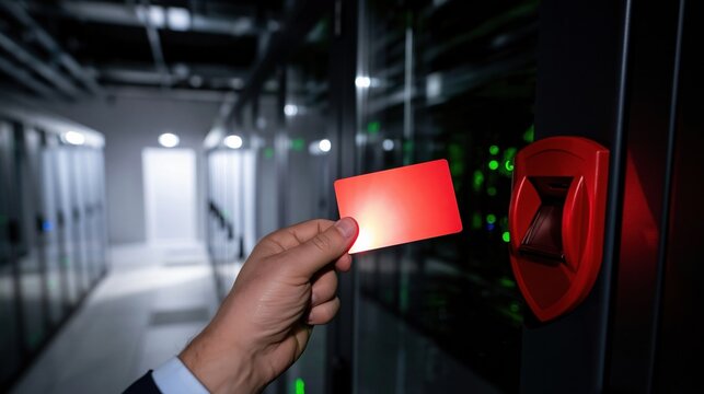 Hand holding a blank red access card near a wall reader in a dim server room, with a smooth plastic finish for security and data protection mockups