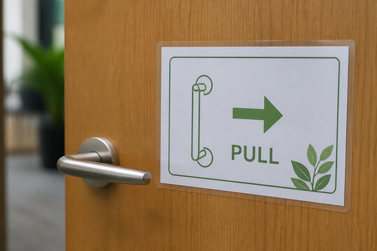 A pull sign with an arrow is affixed to a wooden door next to a door handle.