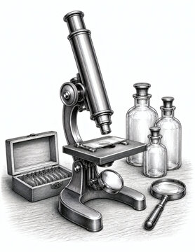 Vintage microscope with glass bottles in black and white engraving