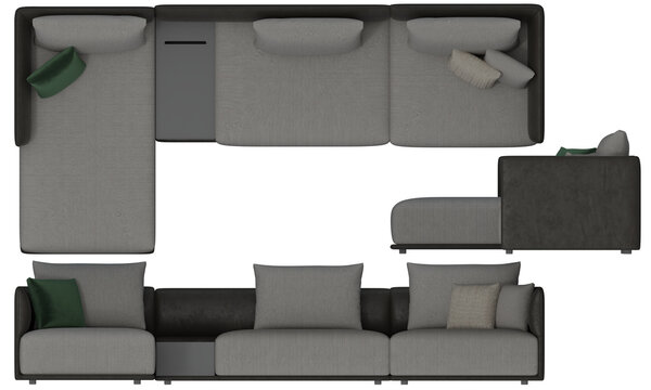 Sofa 2d for floor plan and cross-section view, Orthogonal, top, front and side view furniture transparent background render