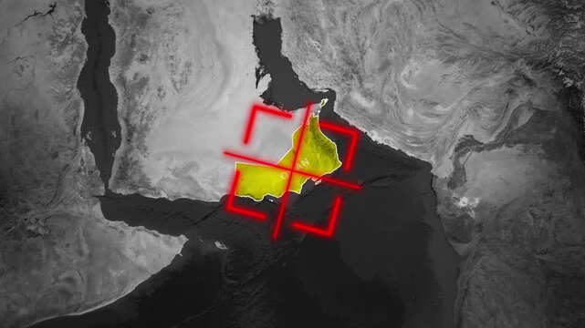 Red Crosshair Targeting Oman in a 3D Animated Topographical Map of the Middle East