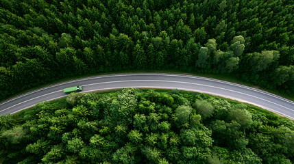 Naklejka premium Aerial view of a delivery van drive on a curved asphalt road through a dense green pine forest landscape on a bright sunny summer day