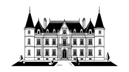 Fototapeta premium Elegant Black and White Manor House Illustration with Towers and Gardens