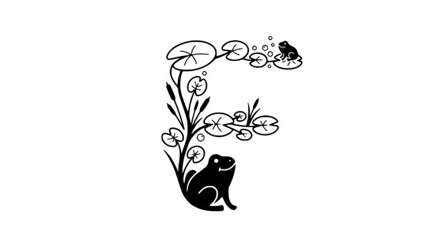 Decorative Letter F with Frogs and Lily Pads, Alphabet Design