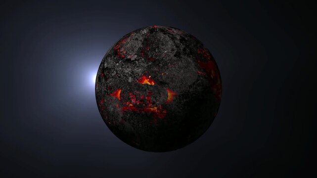 Molten lava planet rotating in deep space, glowing volcanic surface of an alien world.