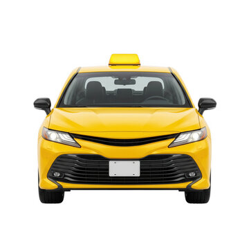 Front view of a modern yellow taxi cab sedan isolated on transparent background