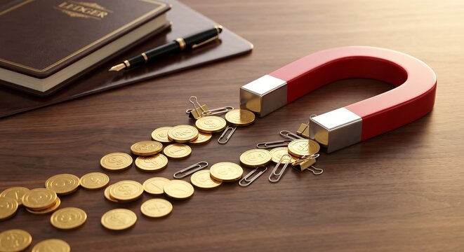 Red magnet attracting gold coins on wooden desk for business growth and financial success