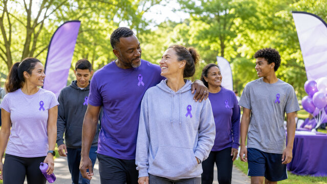 Diverse group of smiling participants wearing purple shirts and ribbons at an outdoor awareness walk in a sunny park