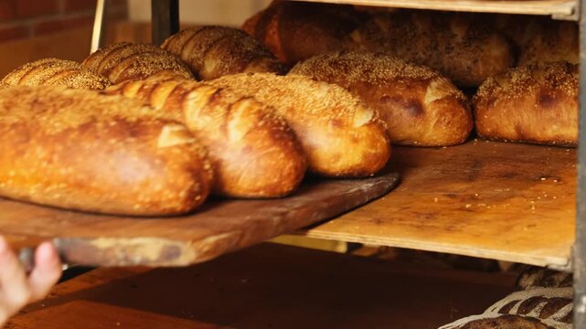 Baker transfers freshly baked bread from hot oven to wooden cooling rack. Skilled bakery worker uses sturdy wooden paddle to move loaves