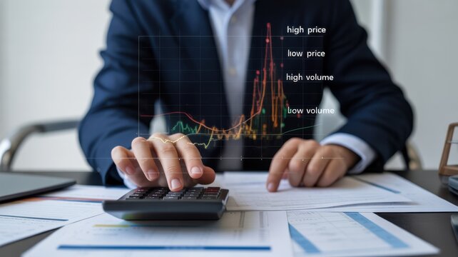 A professional businessman analyzing financial charts while using a calculator at desk