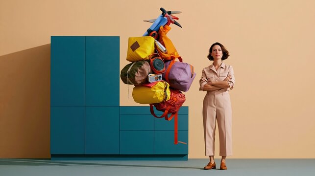 Floating emergency go-bag and survival gear in a modern kitchen with a woman looking unimpressed, featuring copy space for a mockup