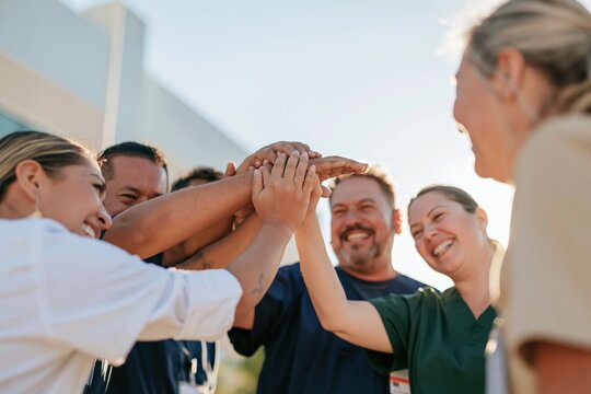 Healthcare team stacking hands in a circle, smiling and confident in front of a modern hospital facade for staff unity and recruitment