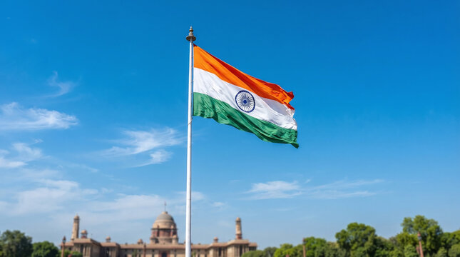 Indian national tricolor flag waving proudly on a tall white pole against a bright blue sky with soft clouds, featuring the blurred Rashtrapati Bhavan architecture in Delhi.