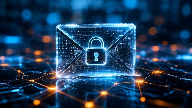 Secure email communication concept with glowing digital envelope and padlock representing data privacy and cybersecurity network