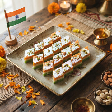 Traditional tricolor Indian barfi sweets for Independence Day. Layered saffron, white, and green mithai with silver vark and nuts on a plate with national flag and marigolds.