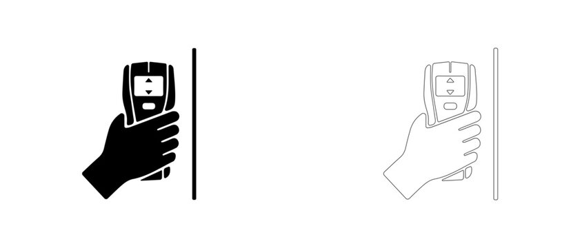 Hand holding wall stud finder scanner vector icon filled and outline, wire detector and wall sensor symbol.