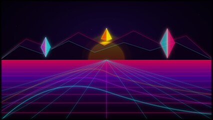 Neon Cyber Grid Landscape Abstract Horizon © Canytiza