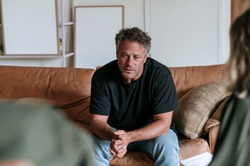 Fototapeta premium Man sitting on a brown leather sofa with clasped hands, appearing thoughtful and natural during a counseling session for mental health and wellness