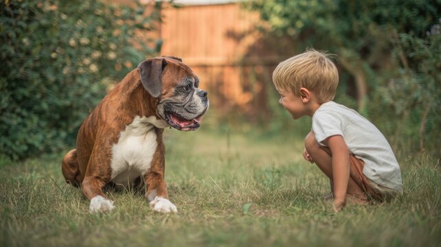 Young boy and boxer dog share a tender moment in a grassy backyard