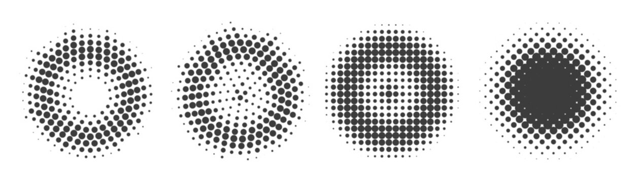 Monochrome halftone circles with dotted radial gradients. Abstract vector patterns on a transparent background.